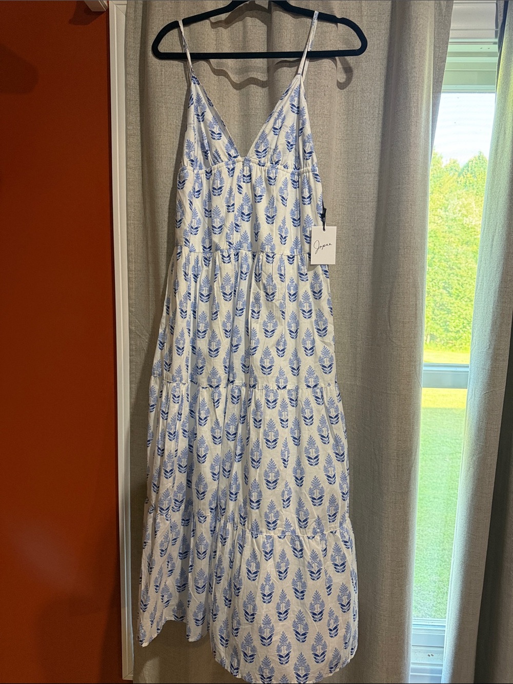 Japna White Maxi Dress with Blue Leaf Print